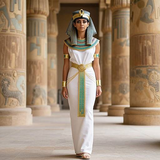 Photograph of an Egyptian woman in traditional white dress, black and white striped headdress, gold accessories, standing in ancient temple with ornate columns.
