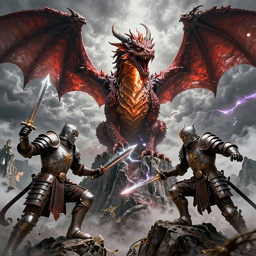 Digital art of two armored knights with swords facing a massive, red-scaled dragon with wings spread, lightning and clouds in dramatic sky.