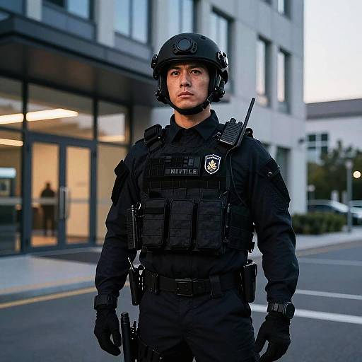 Security Guard in Tactical Gear at Corporate Building