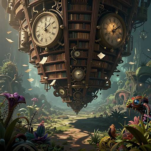 Whimsical steampunk clockwork contraption with two large clocks hangs over a vibrant, fantastical forest filled with colorful flora and floating papers.