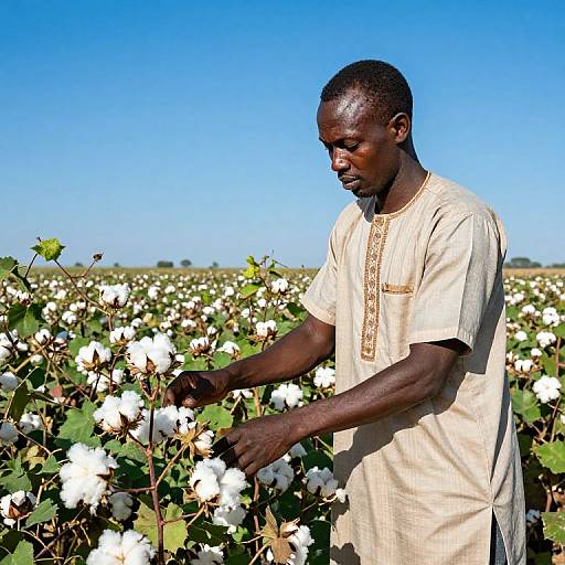 Photograph of a dark-skinned African man in a beige traditional shirt, picking white cotton in a sunny, blue-sky field.