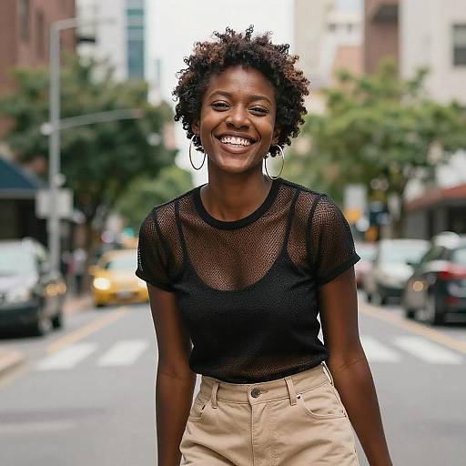 Photograph of a smiling Black woman with short curly hair, wearing a black mesh top and beige pants, standing on a busy urban street with blurred cars