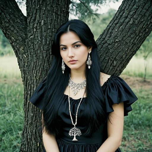 Woman in Black Dress with Jewelry by Tree