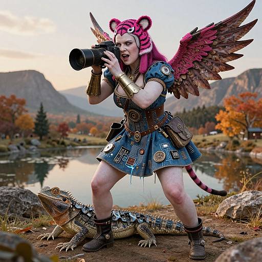 Digital art: Pink-haired woman with tiger ears, red wings, blue armor, and gold accessories, crouches near a lizard, using a camera