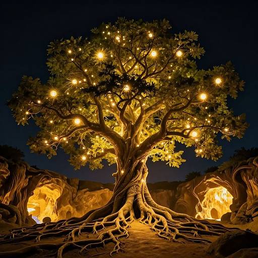 Photograph of a glowing, fairy-lit tree with intricate roots against a dark night sky, surrounded by illuminated rocky formations.