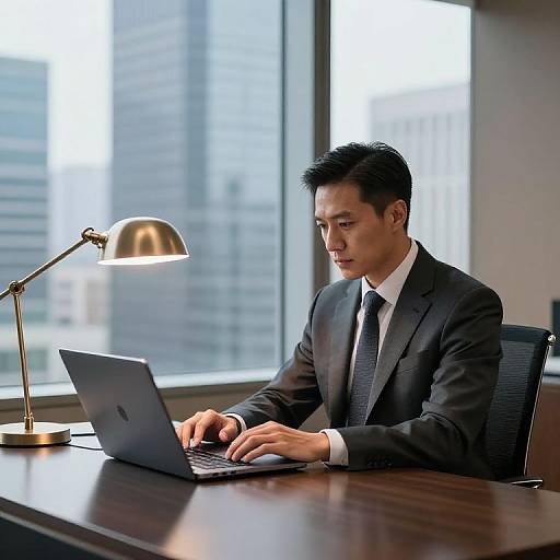 Executive at Corner Office Desk