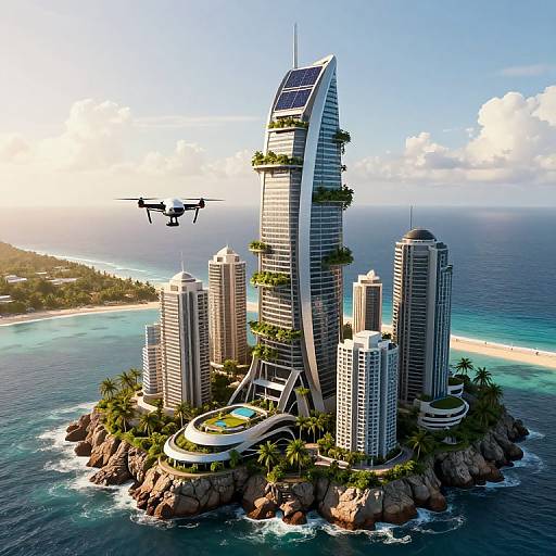 Futuristic island cityscape with towering skyscrapers, solar panels, drone flying overhead, and a circular rooftop pool surrounded by palm trees.