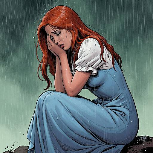 Digital illustration of a red-haired woman in a blue dress and white blouse, sitting in the rain, head in hand, looking sad.