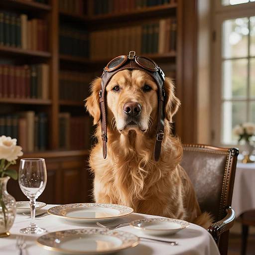 Elegant Aviator Dog in Rustic Library