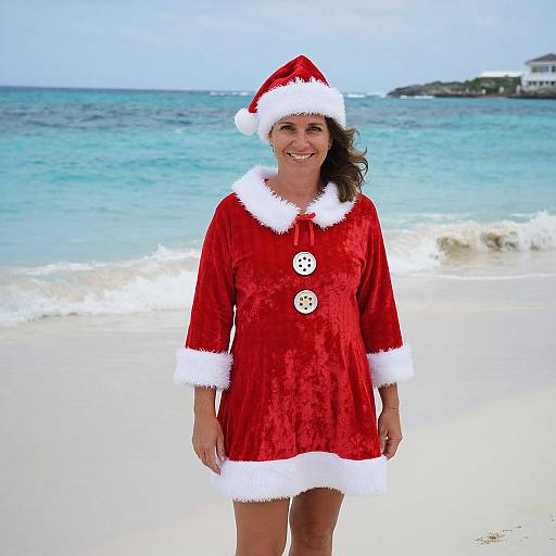 Smiling Woman in Santa Outfit on Beach