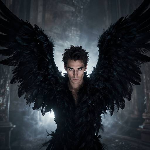 Photograph of a fierce, dark-haired man with large black feathered wings, intense blue eyes, and a black feathered outfit, standing against a