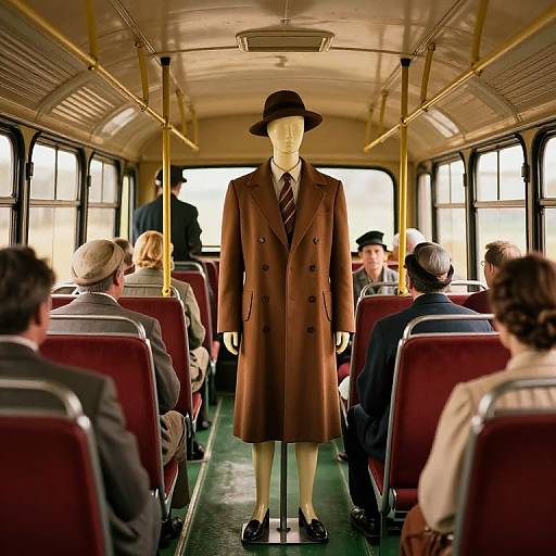 Photograph of a vintage bus with passengers, featuring a mannequin in a brown trench coat and hat standing in the aisle.