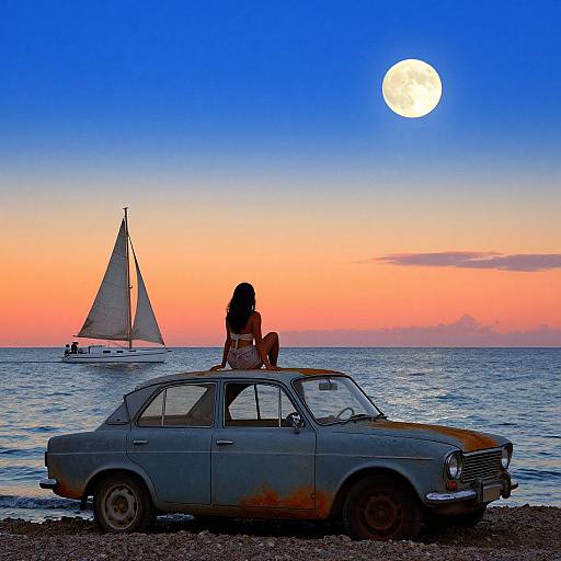 Silhouette of woman with long hair sitting on vintage blue car, overlooking sunset ocean, full moon, and sailboat in background.