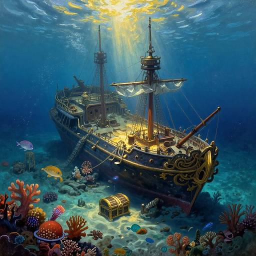 Digital illustration of a sunlit, detailed pirate shipwreck underwater, surrounded by colorful coral, fish, and a treasure chest on the ocean floor.