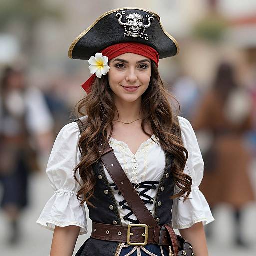 Photograph of a young woman with long brown hair, wearing a black pirate hat with a skull, red bandana, white lace blouse, black cor