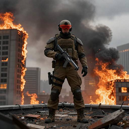 Armored Soldier on Rooftop Amidst Burning Buildings