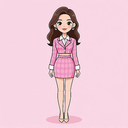 Cartoon-style digital illustration of a smiling woman with long brown hair, wearing a pink plaid blazer and skirt, white shirt, and beige heels