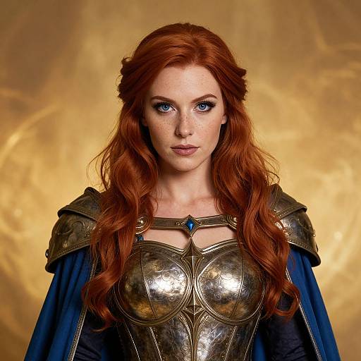 Photograph of a fair-skinned, freckled woman with long red hair, wearing medieval-style silver armor and blue cloak, with a blue gem