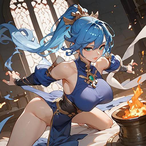 Blue Haired Anime Warrior in Action Pose