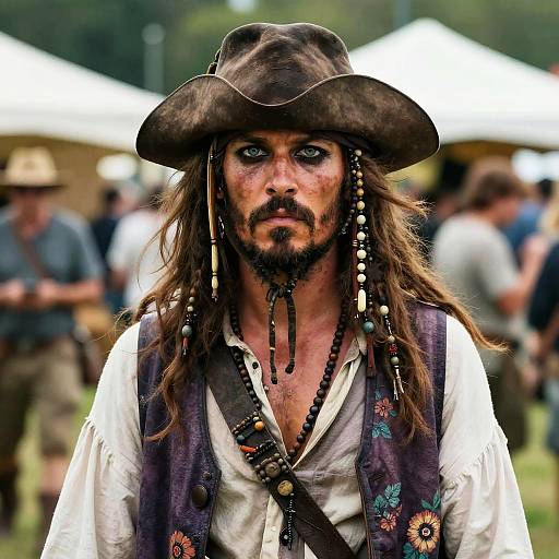Photograph of a rugged, bearded man in a pirate costume with a black hat, long brown hair, and beads, standing outdoors with blurred festival