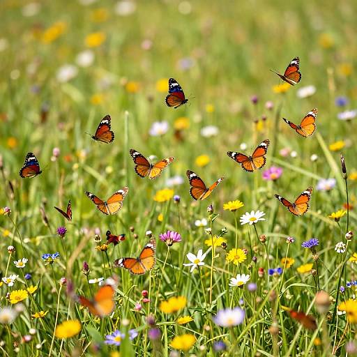 Photograph of vibrant orange butterflies with black and white patterns fluttering above a colorful meadow filled with yellow, white, and purple wildflowers.