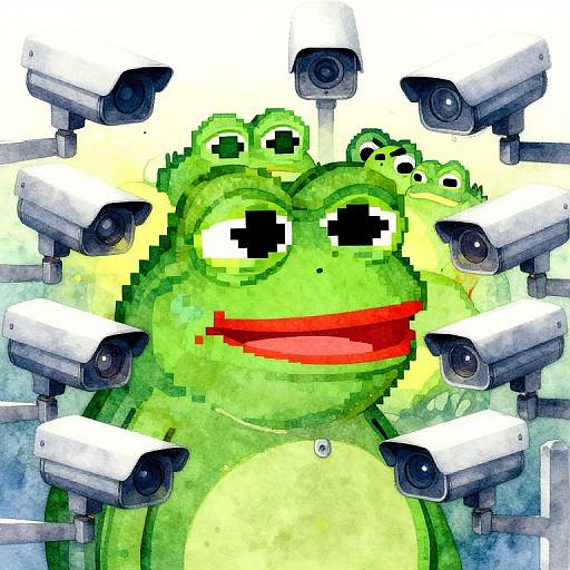 Pixel art of a green frog with large eyes and red mouth, surrounded by black-and-white security cameras. Bright, vibrant colors.