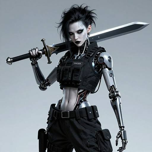 Digital artwork of a pale, cybernetic warrior with black hair, dark makeup, black tactical vest, and pants, holding a large sword over their