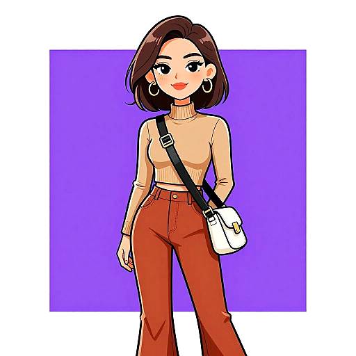 Digital anime-style drawing of a smiling woman with short brown hair, wearing a beige turtleneck, red high-waisted pants, white handbag