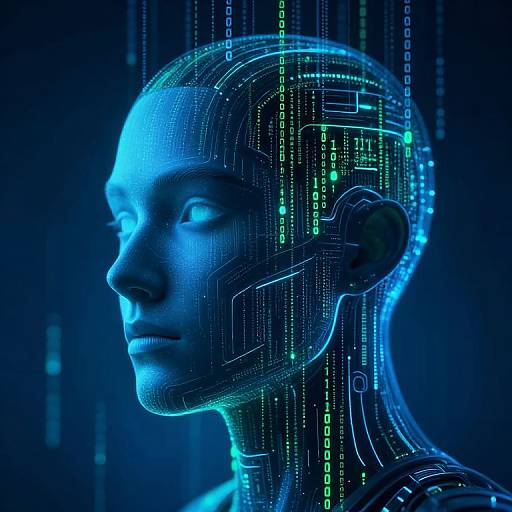 Digital CGI of a glowing blue, cybernetic human head with intricate circuitry and neon lights, in profile view against a dark background.