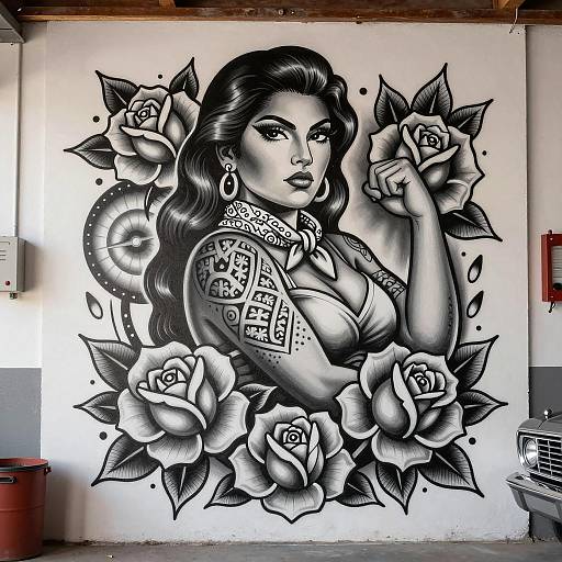 Chicano Style Mural of Strong Woman with Roses
