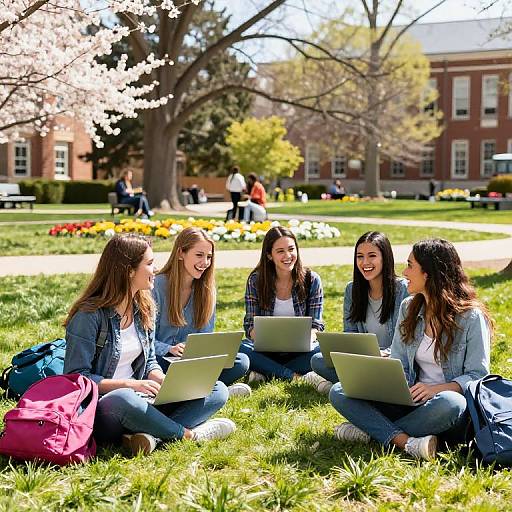 Photograph of five smiling college women with laptops, sitting on green grass in a sunny, springtime campus quad with blooming trees.