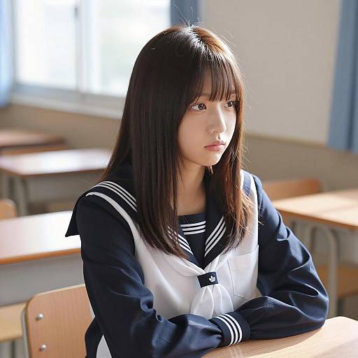 Sunlit Classroom with Asian Student