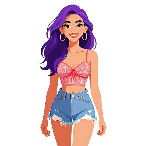 Digital illustration of a smiling woman with long purple hair, wearing a pink swirl-patterned crop top and frayed denim shorts, with large hoop earrings,