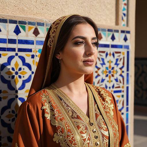 Photograph of a light-skinned woman with dark brown hair, wearing an ornate brown and gold traditional dress, and headscarf, standing against