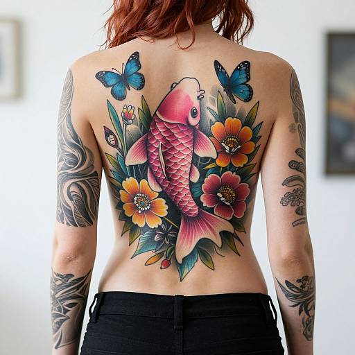 Photograph of a red-haired person with a vibrant back tattoo of a pink koi fish, blue butterflies, and colorful flowers, wearing black pants,