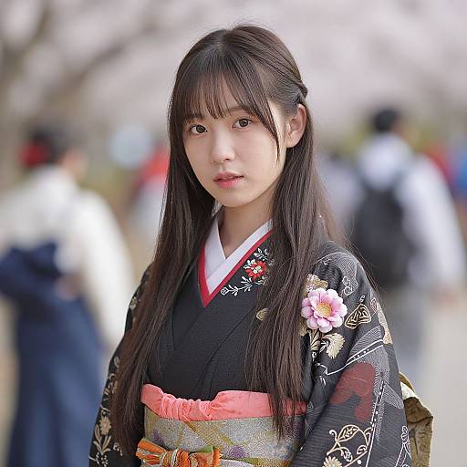 Photograph of a young East Asian woman with long black hair, wearing a black floral kimono with pink and orange accents, standing outdoors with a blurred