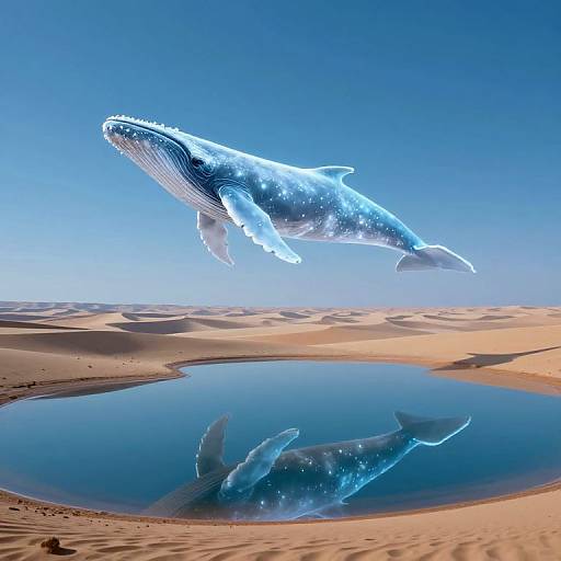 Photorealistic CGI of a glowing blue whale hovering above a desert oasis, its reflection perfectly mirrored in the calm water.