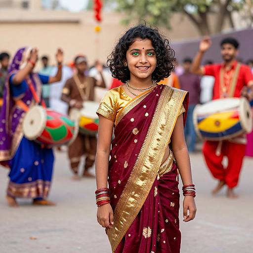 Photograph of a smiling Indian girl with curly black hair, wearing a maroon and gold sari, standing in a lively street festival with drummers