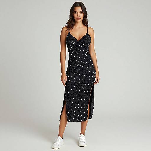 Photograph of a dark-haired woman in a black, polka-dotted, V-neck, knee-length dress with a side slit, wearing white sneakers