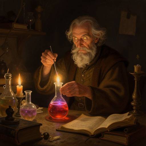 Photograph of an elderly white man with a white beard, wearing a brown robe, mixing a glowing red liquid in a glass flask, surrounded by candles
