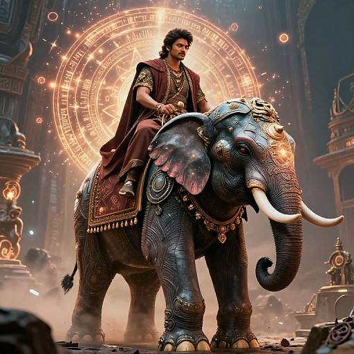 Digital artwork of a muscular man with dark curly hair, wearing a maroon and gold robe, riding an ornate, silver-decorated elephant in