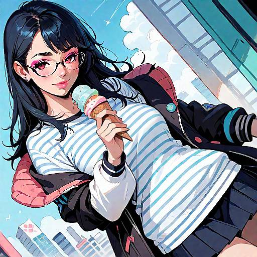 Digital anime-style drawing of a black-haired girl with pink eyeshadow, glasses, striped shirt, and black skirt, eating an ice cream in a