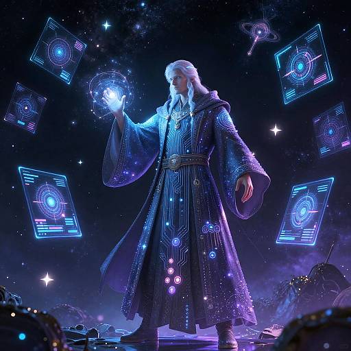 Futuristic Mage Navigating Cosmic Realm