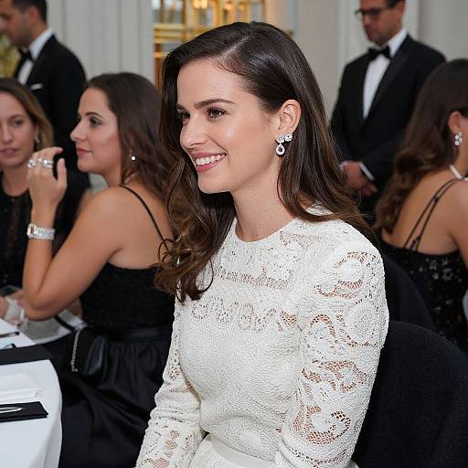 Photograph of a smiling brunette woman with wavy hair, wearing a white lace long-sleeve dress, diamond earrings, seated at a formal event