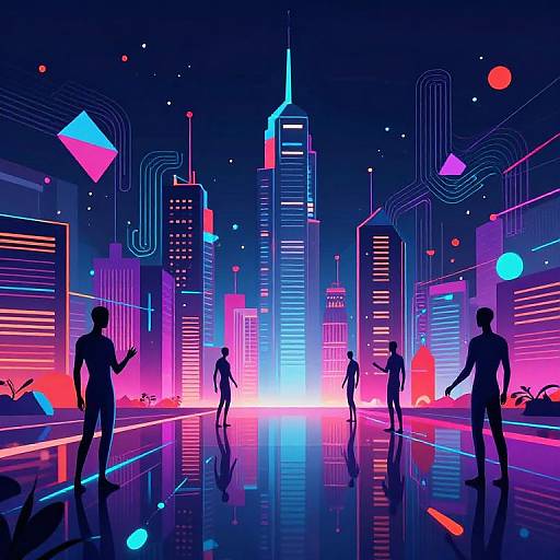 Neon-lit, futuristic cityscape with silhouetted figures dancing. Bright pink, blue, and purple lights illuminate towering skyscrapers.