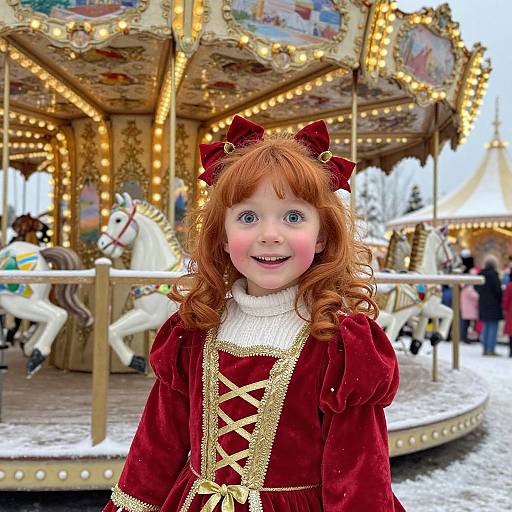 Photograph of a young red-haired girl with fair skin, wearing a red velvet dress with gold lace, and red hair bows, smiling at a brightly