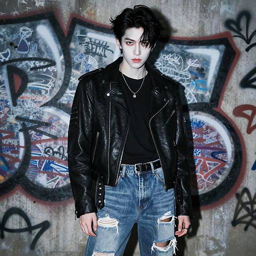Photograph of a pale-skinned man with messy black hair, wearing a black leather jacket and ripped blue jeans, standing against a graffiti-covered concrete wall