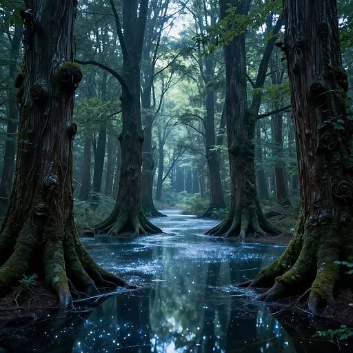 Photograph of a serene forest with tall, moss-covered trees surrounding a reflective, glowing stream, illuminated by bioluminescent water plants.