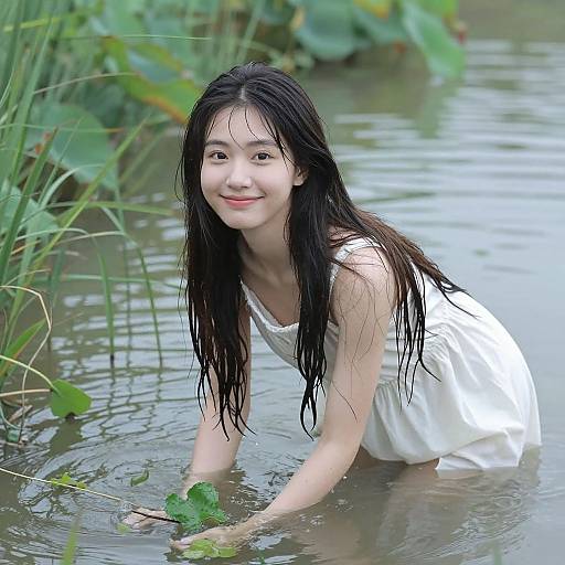 Asian woman with wet, long black hair, wearing a white dress, smiles while kneeling in a calm, green-plant-filled pond. Photographic image