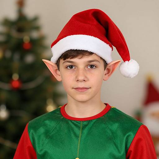 Photograph of a young boy with elf ears, wearing a red Santa hat and green red-sleeved shirt, standing in front of a blurred Christmas